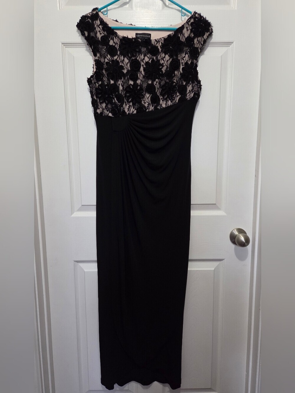 Connected Apparel Black Floral Lace Nude Illusion Ruched Maxi Gown Dress Size 8